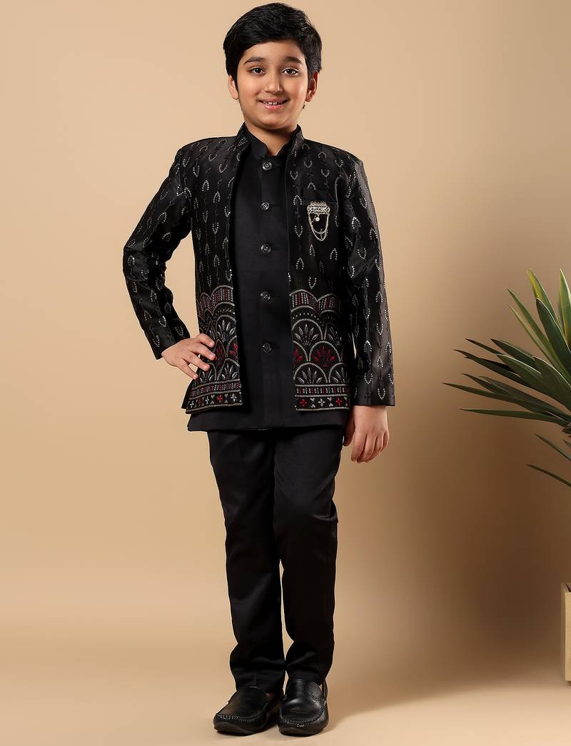 Boys black satin buti embroidered panel work sequined sherwani & trouser set with shrug