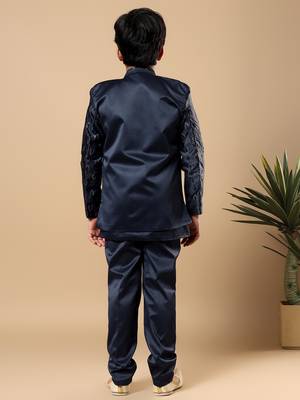 Boys navy blue satin buti embroidered panel work sequined sherwani & trouser set with shrug 2