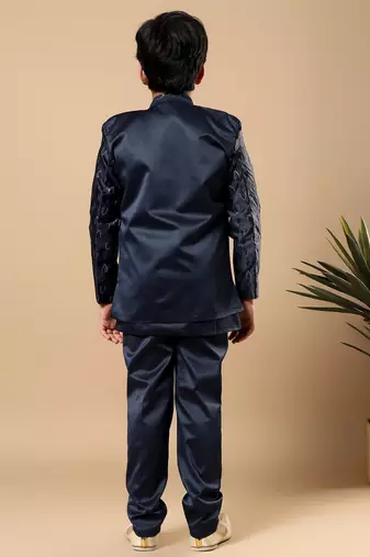 Boys navy blue satin buti embroidered panel work sequined sherwani & trouser set with shrug