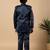 Boys navy blue satin buti embroidered panel work sequined sherwani & trouser set with shrug