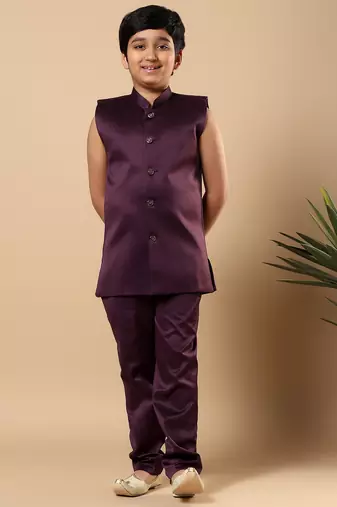 Boys wine satin buti embroidered panel work sequined sherwani & trouser set with shrug