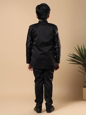 Boys black satin buti embroidered panel work sequined sherwani & trouser set with shrug 2