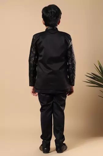 Boys black satin buti embroidered panel work sequined sherwani & trouser set with shrug