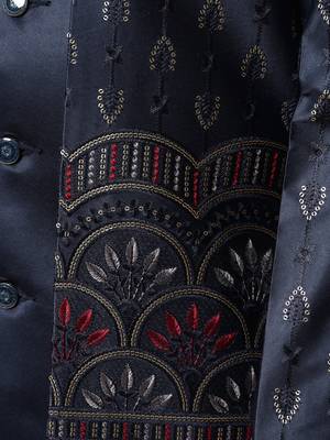 Boys navy blue satin buti embroidered panel work sequined sherwani & trouser set with shrug 3