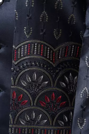 Boys navy blue satin buti embroidered panel work sequined sherwani & trouser set with shrug