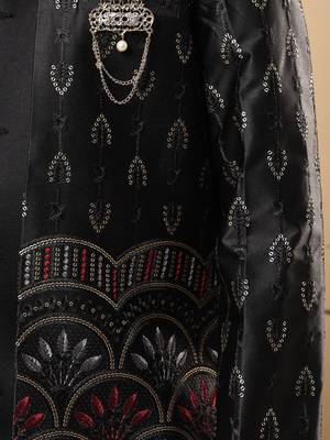 Boys black satin buti embroidered panel work sequined sherwani & trouser set with shrug 3