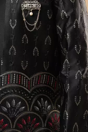 Boys black satin buti embroidered panel work sequined sherwani & trouser set with shrug