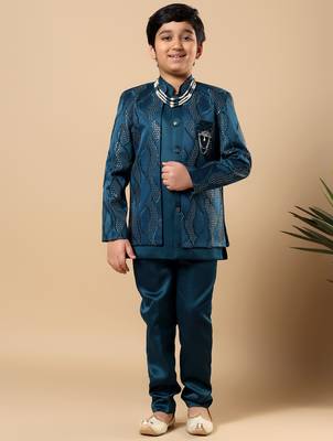 Boys teal blue satin wavy embroidered sequined sherwani & trouser set with shrug and necklace 1
