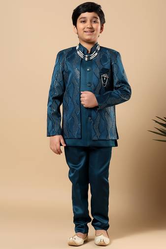 Boys teal blue satin wavy embroidered sequined sherwani & trouser set with shrug and necklace