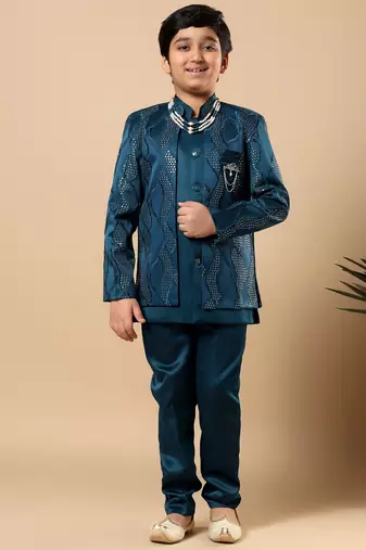 Boys teal blue satin wavy embroidered sequined sherwani & trouser set with shrug and necklace