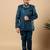 Boys teal blue satin wavy embroidered sequined sherwani & trouser set with shrug and necklace