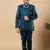 Boys teal blue satin wavy embroidered sequined sherwani & trouser set with shrug and necklace