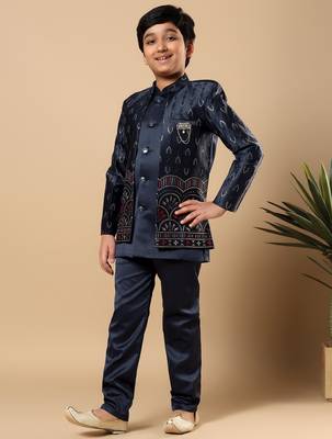 Boys navy blue satin buti embroidered panel work sequined sherwani & trouser set with shrug 4