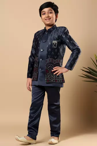 Boys navy blue satin buti embroidered panel work sequined sherwani & trouser set with shrug