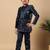 Boys navy blue satin buti embroidered panel work sequined sherwani & trouser set with shrug