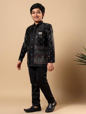 Boys black satin buti embroidered panel work sequined sherwani & trouser set with shrug 4