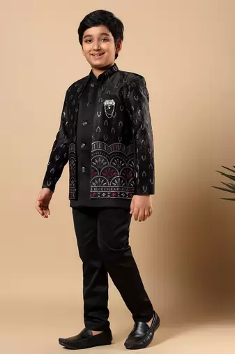 Boys black satin buti embroidered panel work sequined sherwani & trouser set with shrug