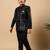 Boys black satin buti embroidered panel work sequined sherwani & trouser set with shrug