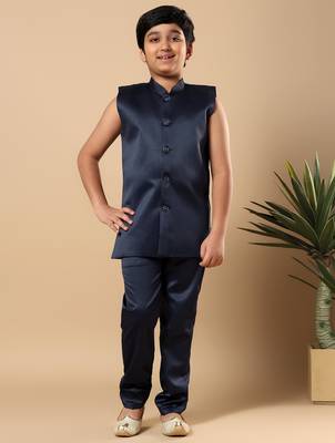 Boys navy blue satin buti embroidered panel work sequined sherwani & trouser set with shrug 5