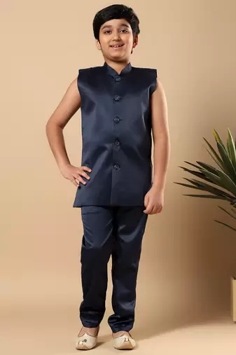 Boys navy blue satin buti embroidered panel work sequined sherwani & trouser set with shrug