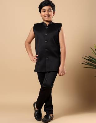 Boys black satin buti embroidered panel work sequined sherwani & trouser set with shrug 5