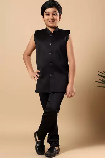 Boys black satin buti embroidered panel work sequined sherwani & trouser set with shrug