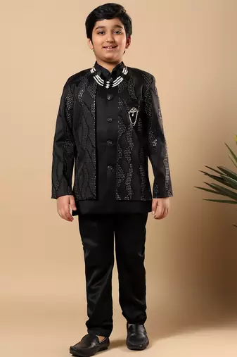 Boys black satin wavy embroidered sequined sherwani & trouser set with shrug and necklace