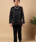 Boys black satin wavy embroidered sequined sherwani & trouser set with shrug and necklace