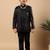 Boys black satin wavy embroidered sequined sherwani & trouser set with shrug and necklace