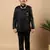 Boys black satin wavy embroidered sequined sherwani & trouser set with shrug and necklace