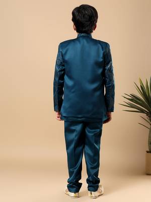 Boys teal blue satin wavy embroidered sequined sherwani & trouser set with shrug and necklace 2