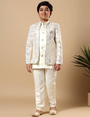 Boys ivory satin geometric diamond jaal embroidered sequined sherwani & trouser set with shrug 1