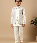 Boys ivory satin geometric diamond jaal embroidered sequined sherwani & trouser set with shrug