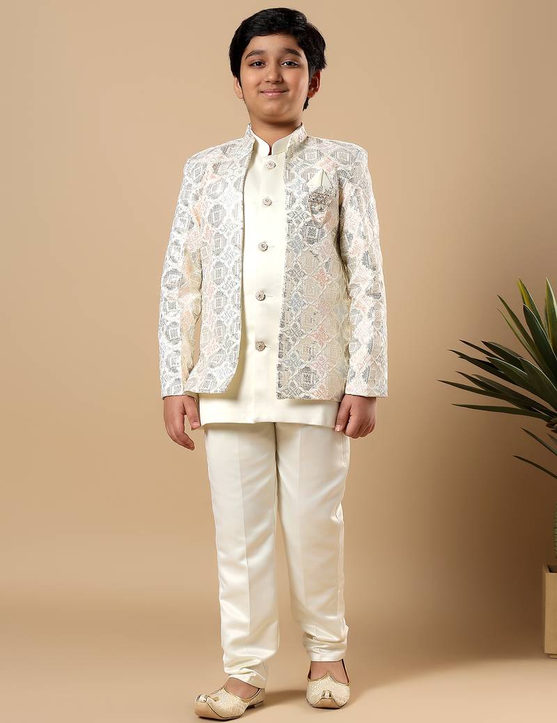 Boys ivory satin geometric diamond jaal embroidered sequined sherwani & trouser set with shrug