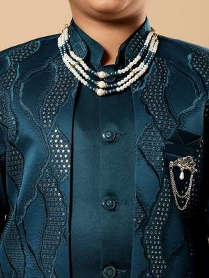 Boys teal blue satin wavy embroidered sequined sherwani & trouser set with shrug and necklace 3