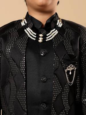 Boys black satin wavy embroidered sequined sherwani & trouser set with shrug and necklace 3