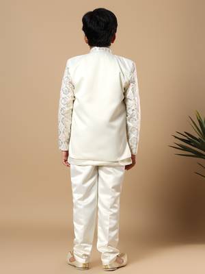 Boys ivory satin geometric diamond jaal embroidered sequined sherwani & trouser set with shrug 2