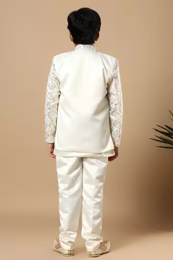 Boys ivory satin geometric diamond jaal embroidered sequined sherwani & trouser set with shrug
