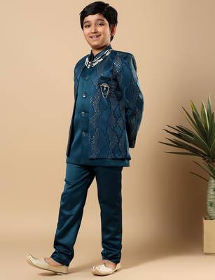 Boys teal blue satin wavy embroidered sequined sherwani & trouser set with shrug and necklace 4
