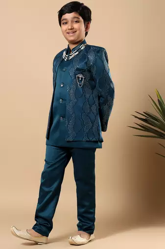 Boys teal blue satin wavy embroidered sequined sherwani & trouser set with shrug and necklace