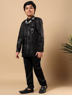 Boys black satin wavy embroidered sequined sherwani & trouser set with shrug and necklace 4