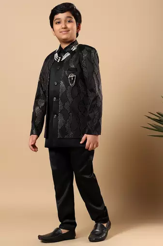Boys black satin wavy embroidered sequined sherwani & trouser set with shrug and necklace