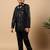 Boys black satin wavy embroidered sequined sherwani & trouser set with shrug and necklace