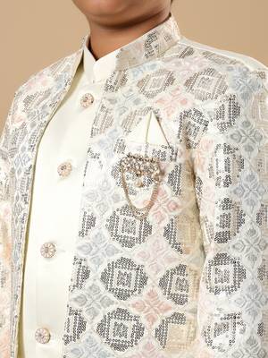 Boys ivory satin geometric diamond jaal embroidered sequined sherwani & trouser set with shrug 3