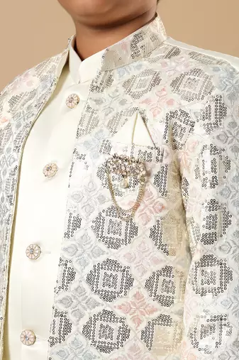 Boys ivory satin geometric diamond jaal embroidered sequined sherwani & trouser set with shrug