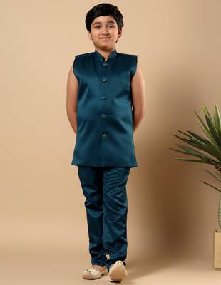 Boys teal blue satin wavy embroidered sequined sherwani & trouser set with shrug and necklace 5