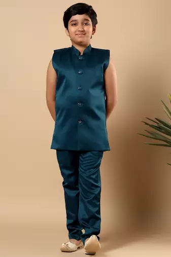 Boys teal blue satin wavy embroidered sequined sherwani & trouser set with shrug and necklace