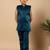 Boys teal blue satin wavy embroidered sequined sherwani & trouser set with shrug and necklace