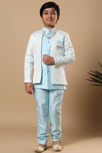 Boys sky blue cotton silk diamond buti sequined sherwani & trouser set with shrug and necklace