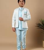Boys sky blue cotton silk diamond buti sequined sherwani & trouser set with shrug and necklace